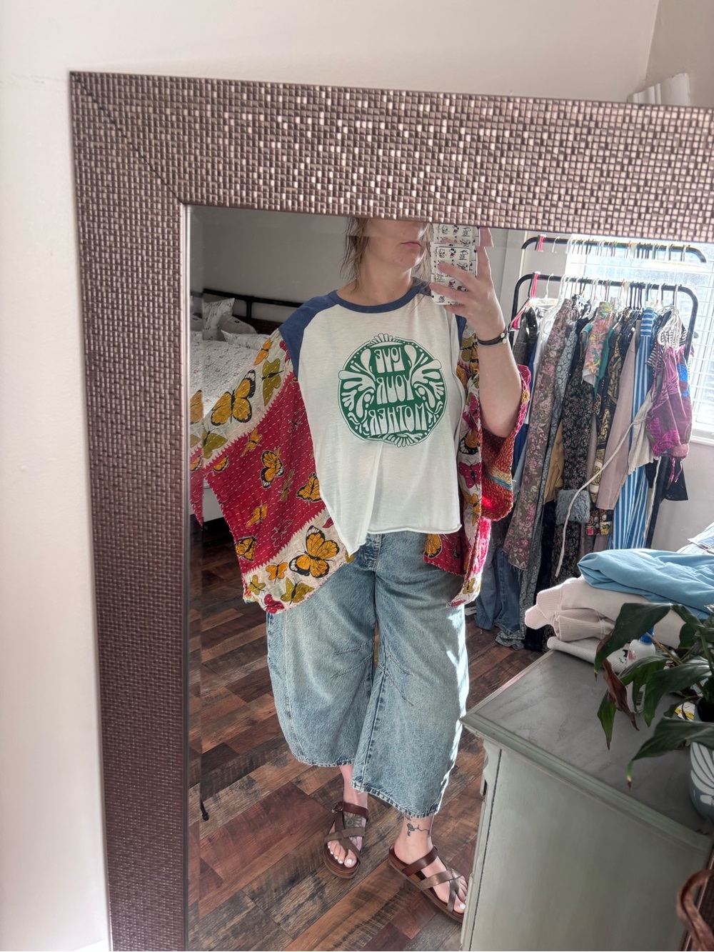 Love Your Mother Raglan Top with Butterfly Kantha Sleeves- Upcycled Boho! - Picture 4 of 4